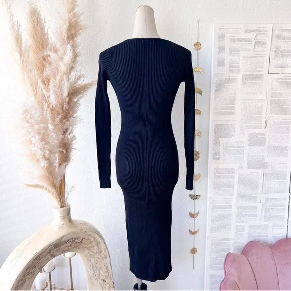 ZARA Black Ribbed Knit Lace Up V Neck Calf Length Long Sleeve Dress - Picture 9 of 11